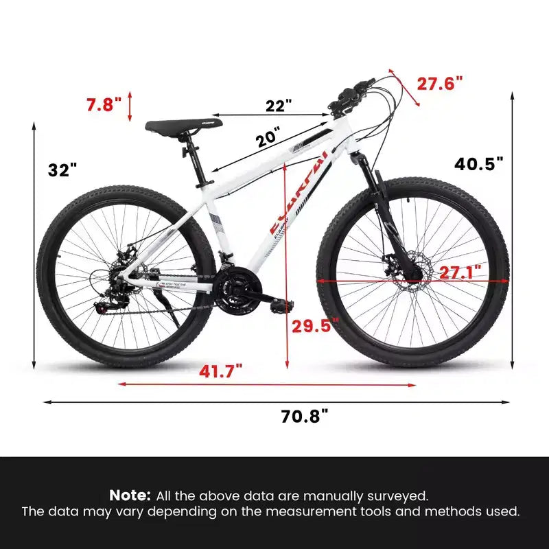 NAYSAYE Bicicletta da montagna da 27 pollici con cambio a 21 velocità, forcella ammortizzata e freni a disco per uomo e donna, bianco, 53,54*7,68*28,35