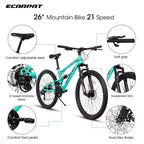 NAYSAYE Bicycle 26 Inch Mountain Bike with Steel Frame Shock Fork 21 Speed for Men and Women, Blue, 68*27*38