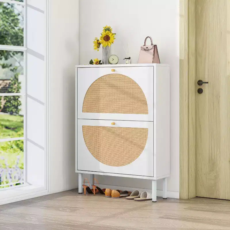 GDFStudio Bexley Modern Shoe Rack with 2 Rattan Door and Metal Base