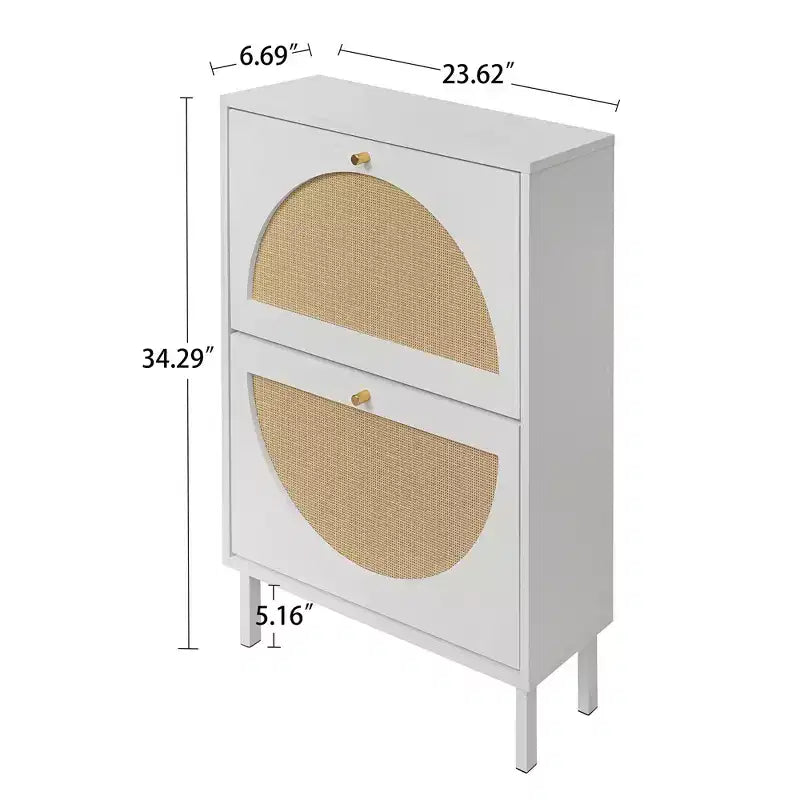 GDFStudio Bexley Modern Shoe Rack with 2 Rattan Door and Metal Base