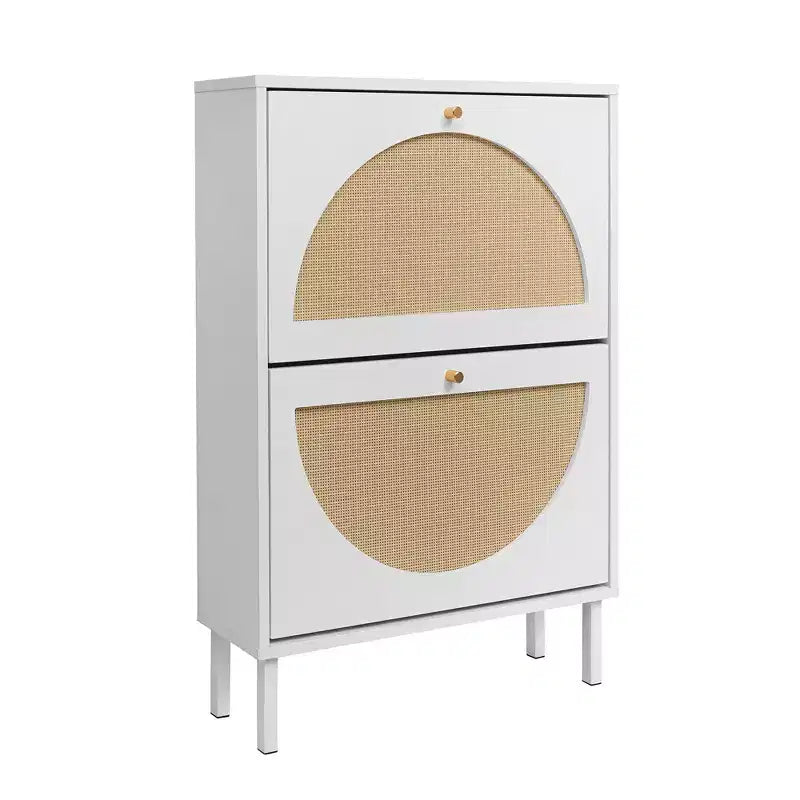 GDFStudio Bexley Modern Shoe Rack with 2 Rattan Door and Metal Base