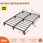 Struttura Letto King Size, Base a Piattaforma in Metallo da 25 cm, Nessuna Vite Necessaria, Nessuna Rete a Molle Necessaria, Resistente, Capacità 360 kg, Doghe e Gambe in Ferro Rinforzato