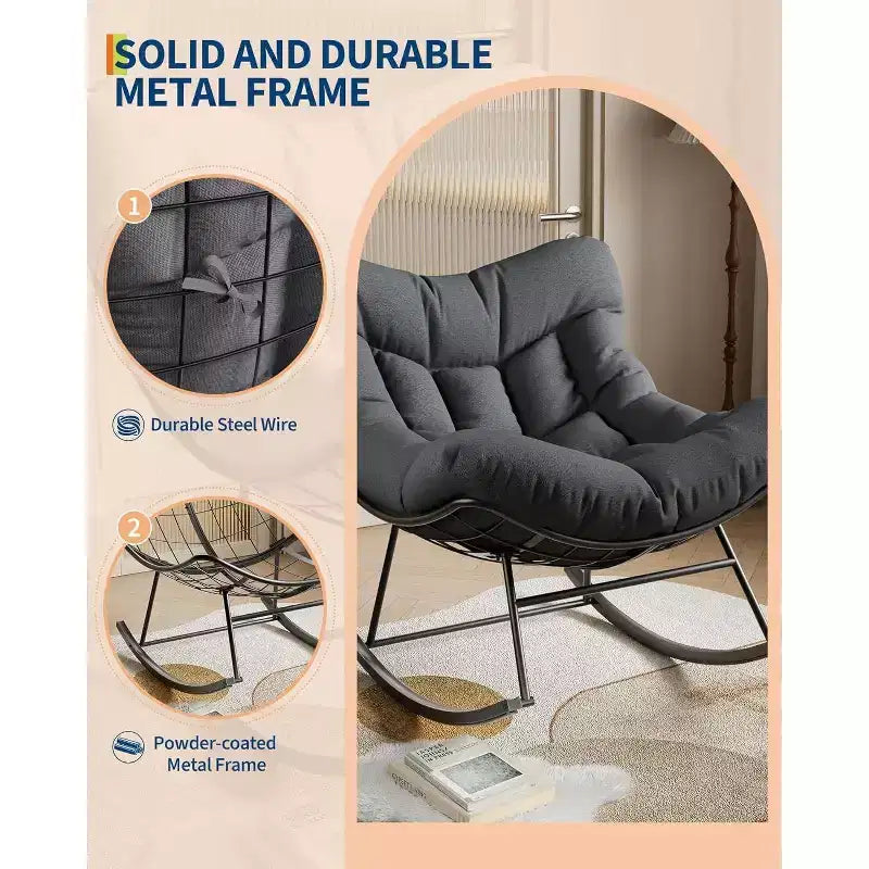 Acekool Sedia a Dondolo da Esterno Papasan, Sedia a Dondolo a Uovo Sovradimensionata con Struttura in Metallo, Sedia da Giardino in Rattan