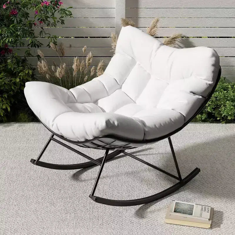 Acekool Sedia a Dondolo da Esterno Papasan, Sedia a Dondolo a Uovo Sovradimensionata con Struttura in Metallo, Sedia da Giardino in Rattan