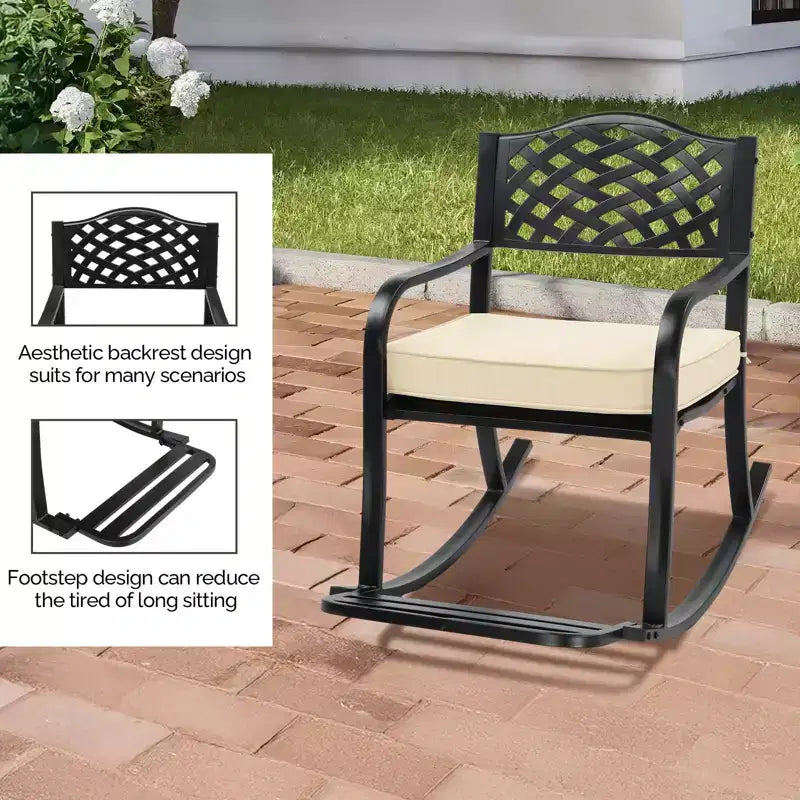 Karl Home | Sedia a dondolo in ferro nero con schienale a rete e cuscino bianco sporco