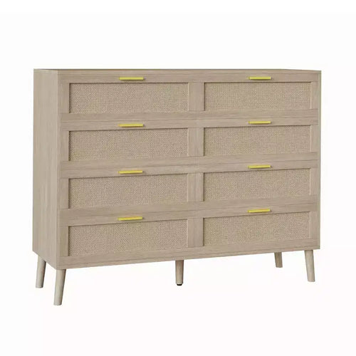 8 Drawer Rattan Dresser,Wooden Chest of Drawers with 5 Solid Wood Legs,Mid Century Modern Dresser for Closet with Handles for Bedroom, Living Room