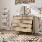 8 Drawer Rattan Dresser,Wooden Chest of Drawers with 5 Solid Wood Legs,Mid Century Modern Dresser for Closet with Handles for Bedroom, Living Room