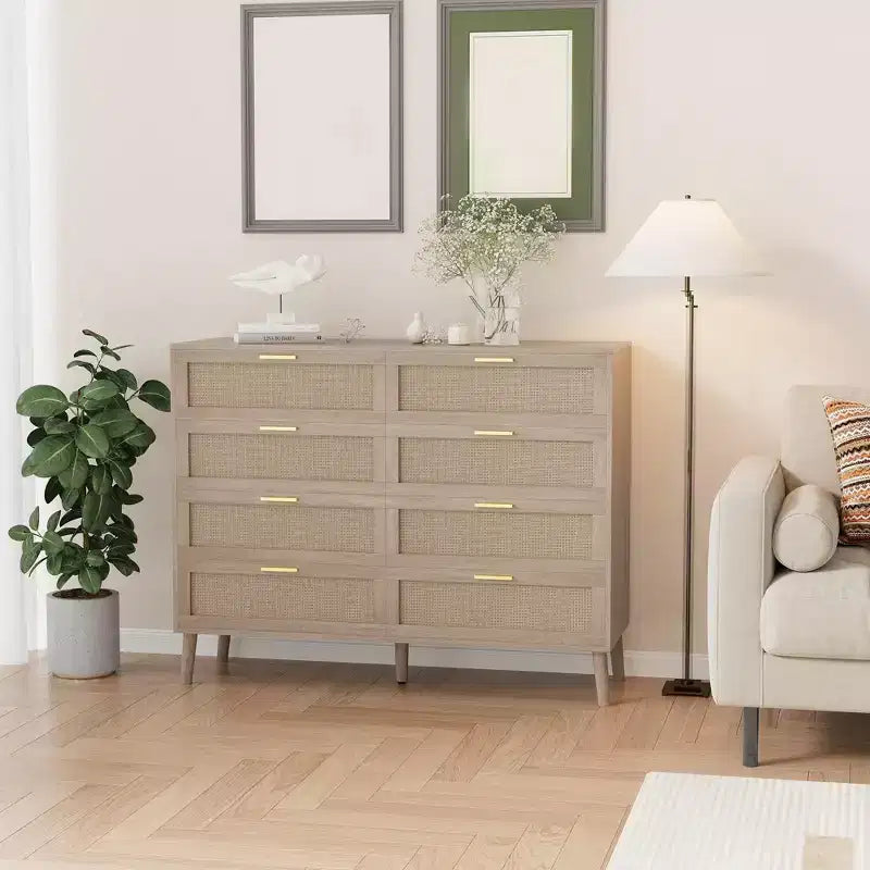 8 Drawer Rattan Dresser,Wooden Chest of Drawers with 5 Solid Wood Legs,Mid Century Modern Dresser for Closet with Handles for Bedroom, Living Room