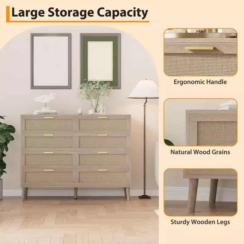 8 Drawer Rattan Dresser,Wooden Chest of Drawers with 5 Solid Wood Legs,Mid Century Modern Dresser for Closet with Handles for Bedroom, Living Room
