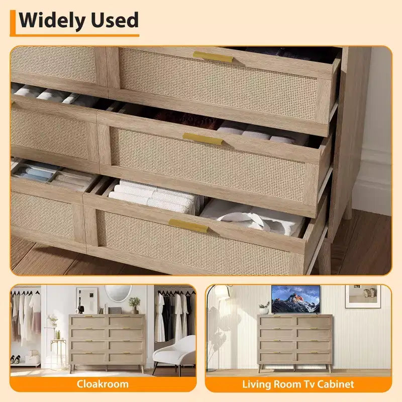 8 Drawer Rattan Dresser,Wooden Chest of Drawers with 5 Solid Wood Legs,Mid Century Modern Dresser for Closet with Handles for Bedroom, Living Room