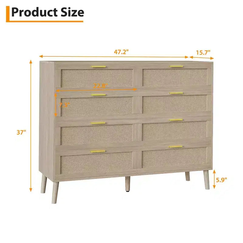 8 Drawer Rattan Dresser,Wooden Chest of Drawers with 5 Solid Wood Legs,Mid Century Modern Dresser for Closet with Handles for Bedroom, Living Room