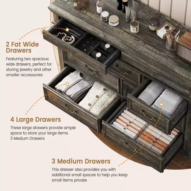 Comodino a 9 cassetti per camera da letto, cassettiera in legno rustico con maniglie vintage in metallo, organizer per gioielli per soggiorno, corridoio