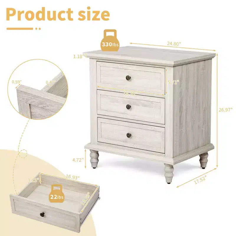 Karl Home 3-Drawer White Particle Board 24.8in. W Nightstands