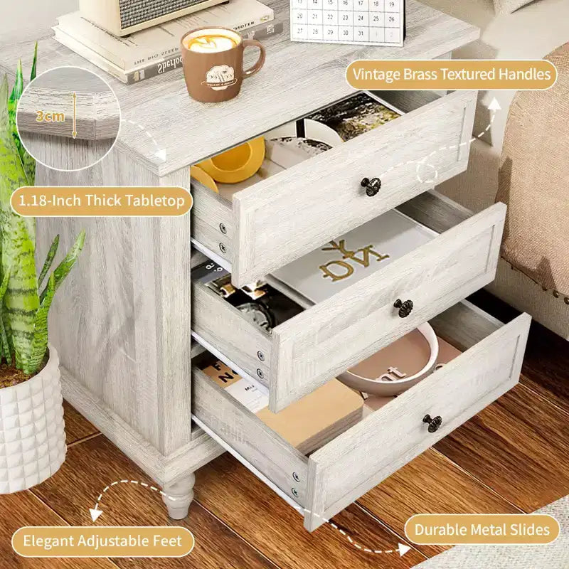 Karl Home 3-Drawer White Particle Board 24.8in. W Nightstands