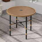 Outdoor Wicker Round Dining Table Plastic Wood Tabletop with 2.2in Umbrella Hole