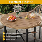 Outdoor Wicker Round Dining Table Plastic Wood Tabletop with 2.2in Umbrella Hole