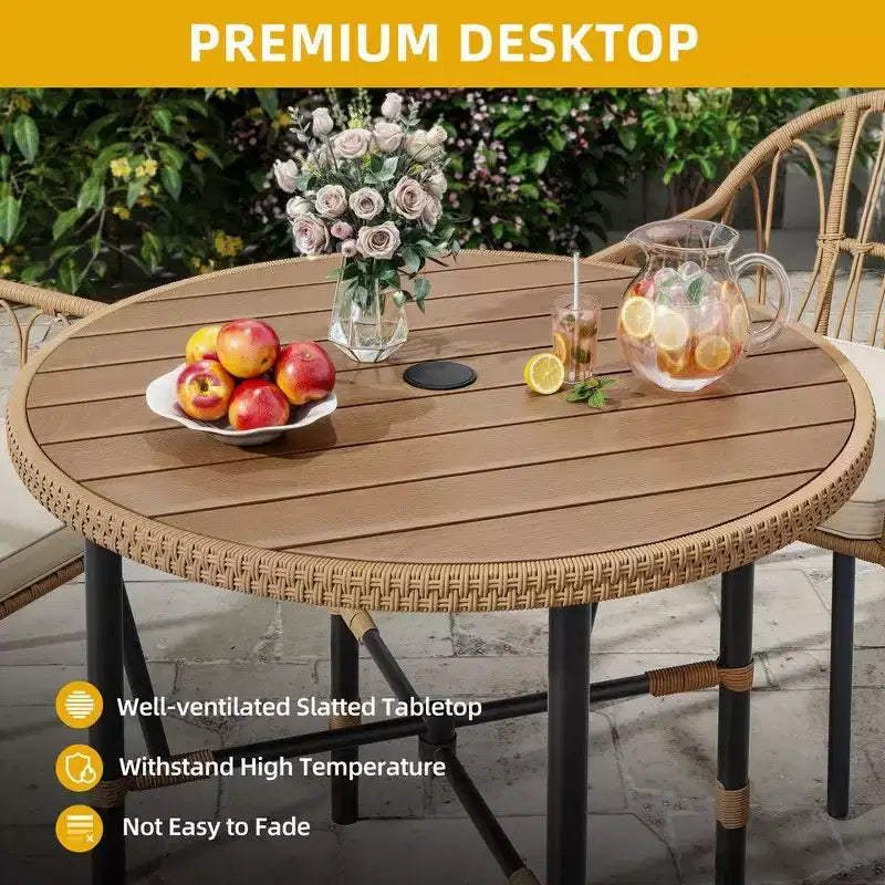 Outdoor Wicker Round Dining Table Plastic Wood Tabletop with 2.2in Umbrella Hole