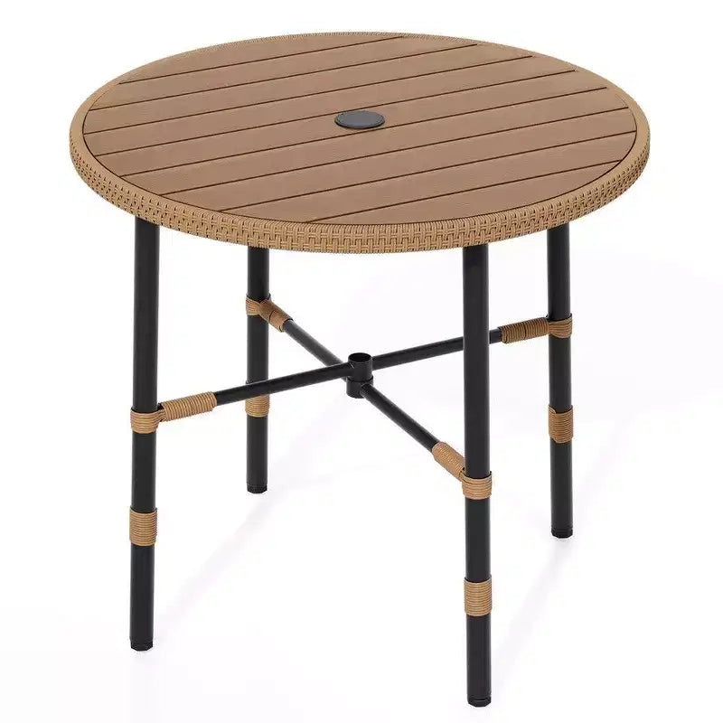 Outdoor Wicker Round Dining Table Plastic Wood Tabletop with 2.2in Umbrella Hole
