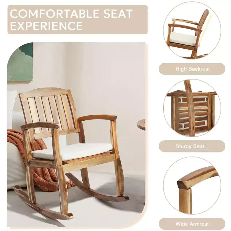 36 in. Acacia Wood Outdoor Rocking Chair with Cushion