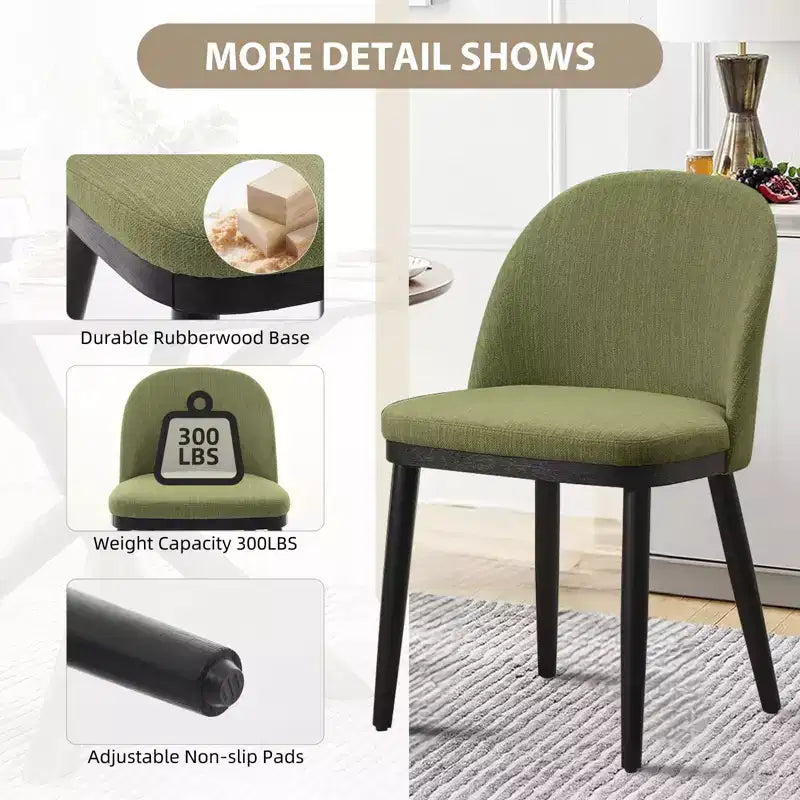 Mid Century Dining Chair Set of 6, Linen Upholstered Kitchen Chair with Thick Cushions Seat and Curved Backrest, Wood Frame Accent Chair