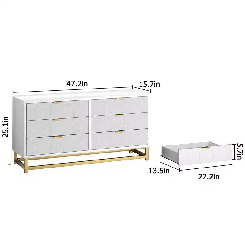 Coolmee 6 Drawers Dresser for Bedroom, Chest of Drawers, Modern Wood Dressers with Gold Metal Handles for Hallway, Entryway