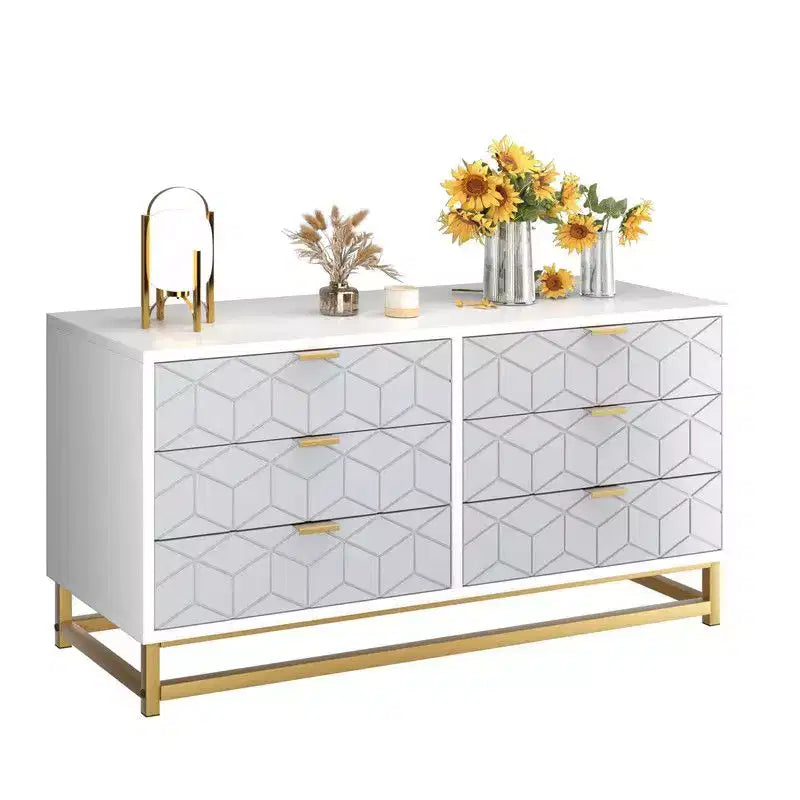 Coolmee 6 Drawers Dresser for Bedroom, Chest of Drawers, Modern Wood Dressers with Gold Metal Handles for Hallway, Entryway