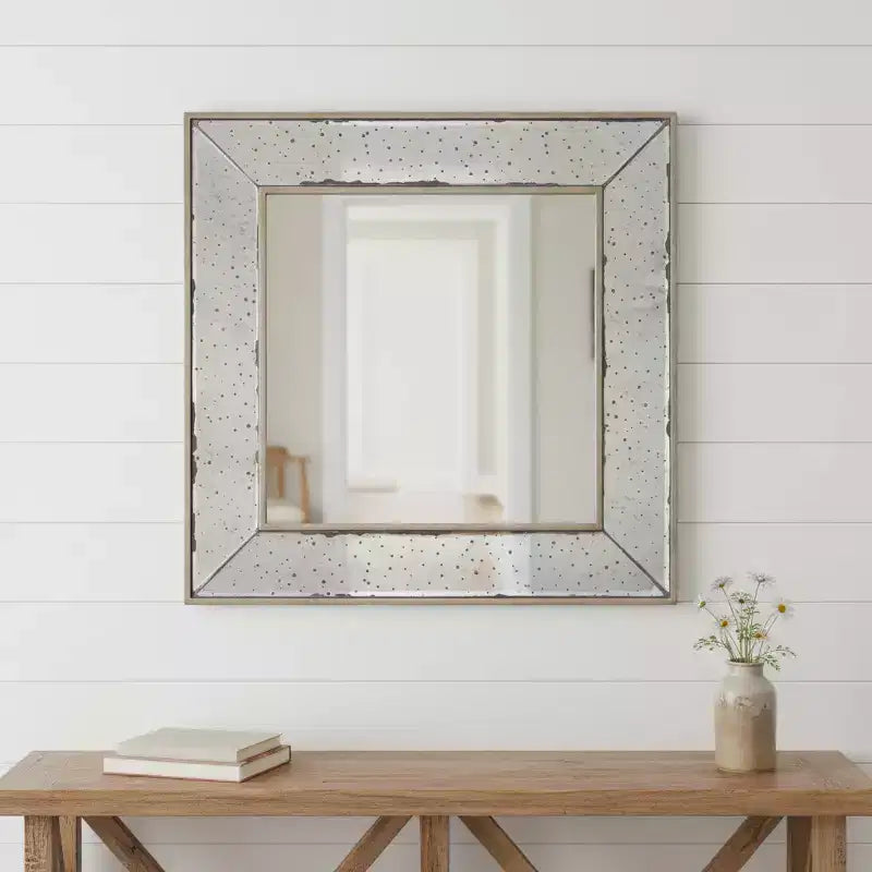 HomeRoots 18 Brown Square Metal Framed Antiqued Glass Accent Mirror