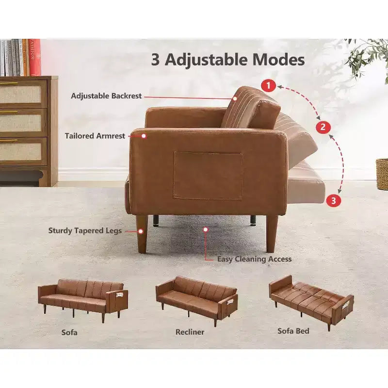 75 Divano letto futon moderno di metà secolo - Divano letto convertibile in pelle PU con schienale regolabile