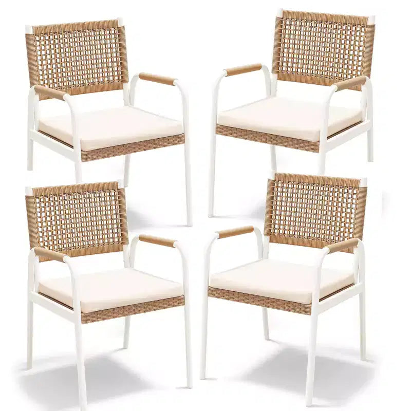 Set di 4 sedie da pranzo per patio esterno, sedie in vimini con braccioli e cuscini, telaio in metallo per giardino, veranda, prato e bordo piscina