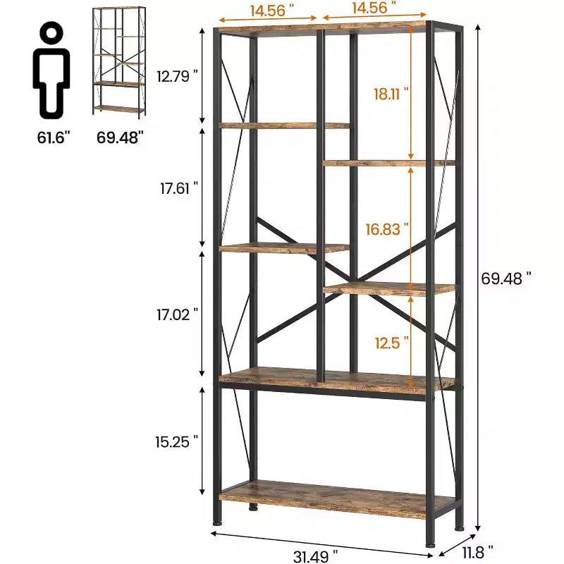 Industrial Bookshelf Vintage Bookcase with Storage Tall Standing Bookshelves Metal Frame Open Display Racks Unique Book Shelf