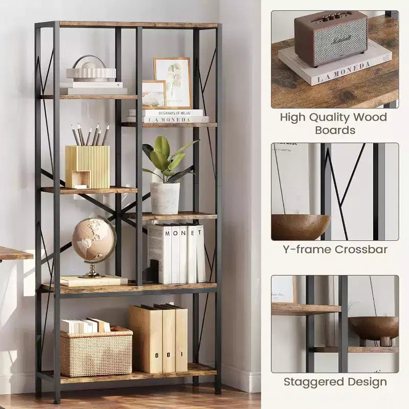 Industrial Bookshelf Vintage Bookcase with Storage Tall Standing Bookshelves Metal Frame Open Display Racks Unique Book Shelf
