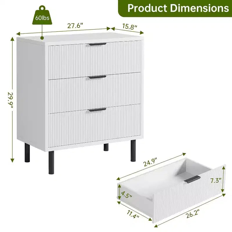 Cassettiera Acekool testurizzata a 3 cassetti, larghezza 71 cm - Contenitore compatto con gambe in metallo per camera da letto, corridoio, spazi piccoli, bianco
