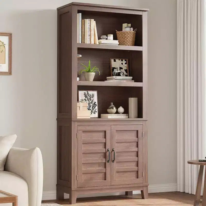 Bookcase with Door 5 Tier Storage Bookshelf Wooden Farmhouse Bookshelves Rustic Vintage Etagere Walnut,Brown,Set of 2