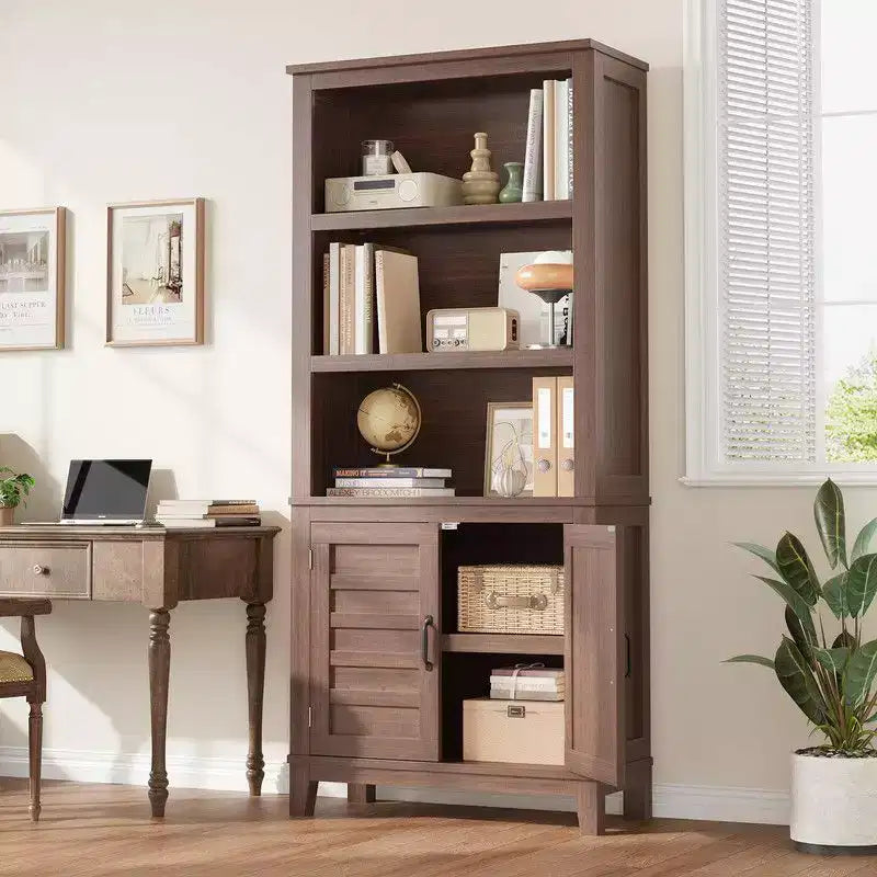 Bookcase with Door 5 Tier Storage Bookshelf Wooden Farmhouse Bookshelves Rustic Vintage Etagere Walnut,Brown,Set of 2