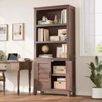Bookcase with Door 5 Tier Storage Bookshelf Wooden Farmhouse Bookshelves Rustic Vintage Etagere Walnut,Brown,Set of 2
