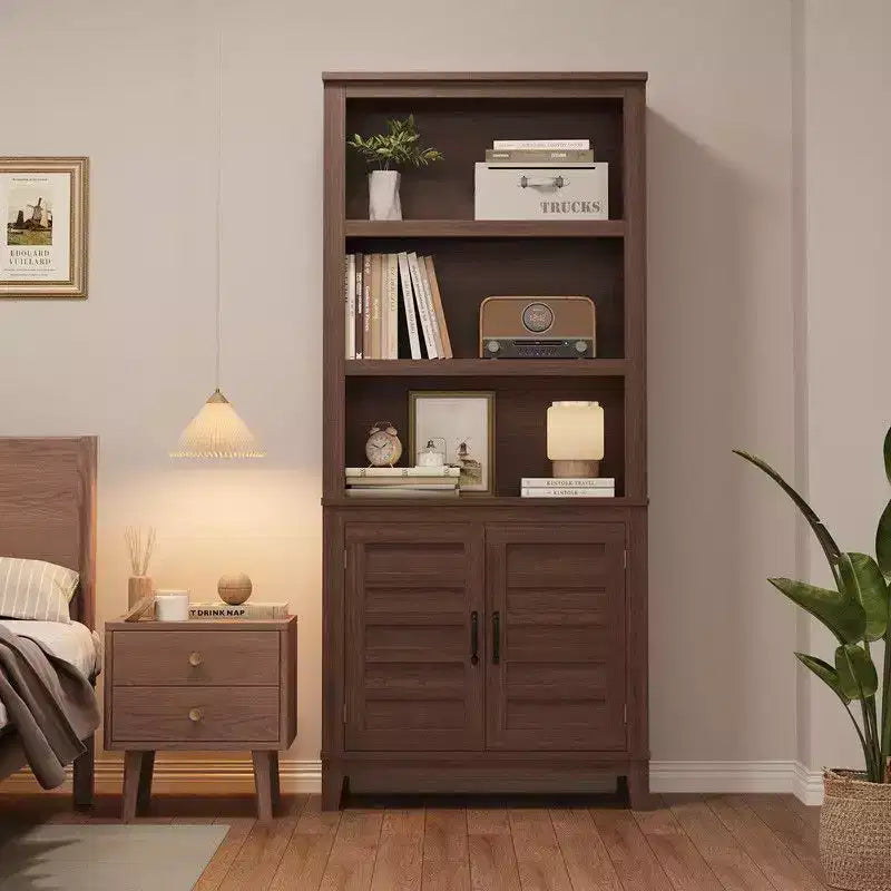Bookcase with Door 5 Tier Storage Bookshelf Wooden Farmhouse Bookshelves Rustic Vintage Etagere Walnut,Brown,Set of 2