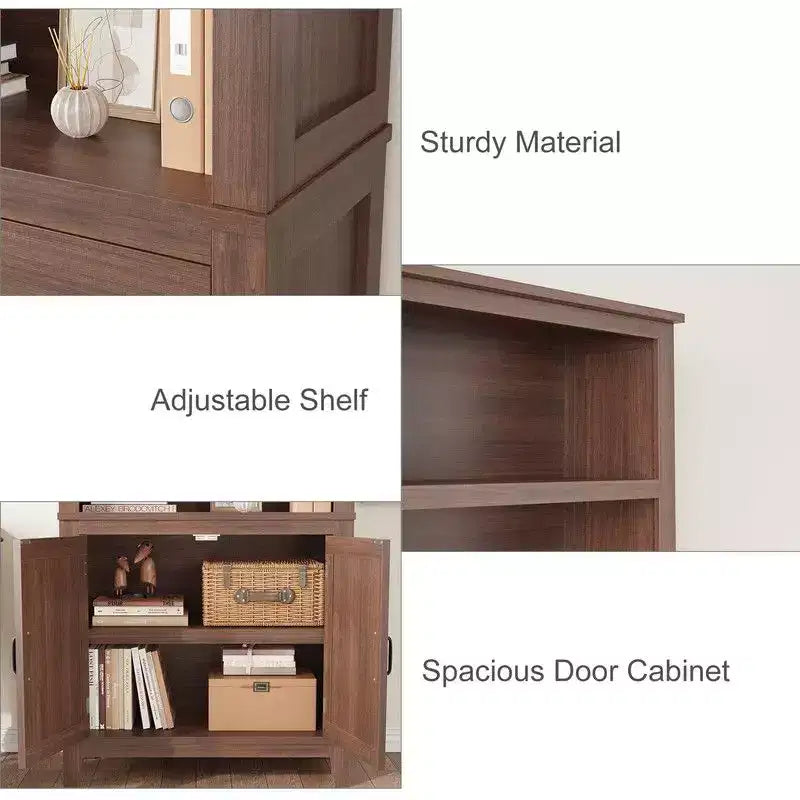 Bookcase with Door 5 Tier Storage Bookshelf Wooden Farmhouse Bookshelves Rustic Vintage Etagere Walnut,Brown,Set of 2