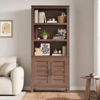 Bookcase with Door 5 Tier Storage Bookshelf Wooden Farmhouse Bookshelves Rustic Vintage Etagere Walnut,Brown,Set of 2
