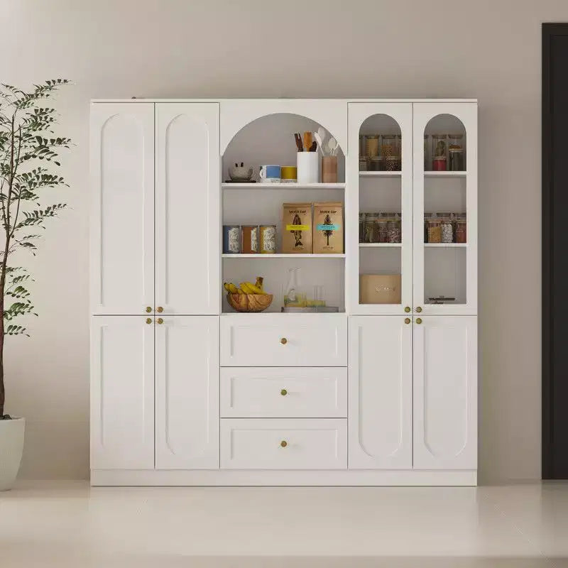 Famapy White Farmhouse Kitchen Pantry with Arch & Glass Doors,Large Capacity Kitchen Storage Hutch,Multi - Drawer Kitchen Organizer,Display Cabinet