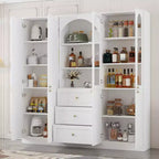Dispensa da cucina Famapy bianca stile rustico con arco e ante in vetro, armadio contenitore da cucina di grande capacità, mobile da cucina multi-cassetto, vetrina