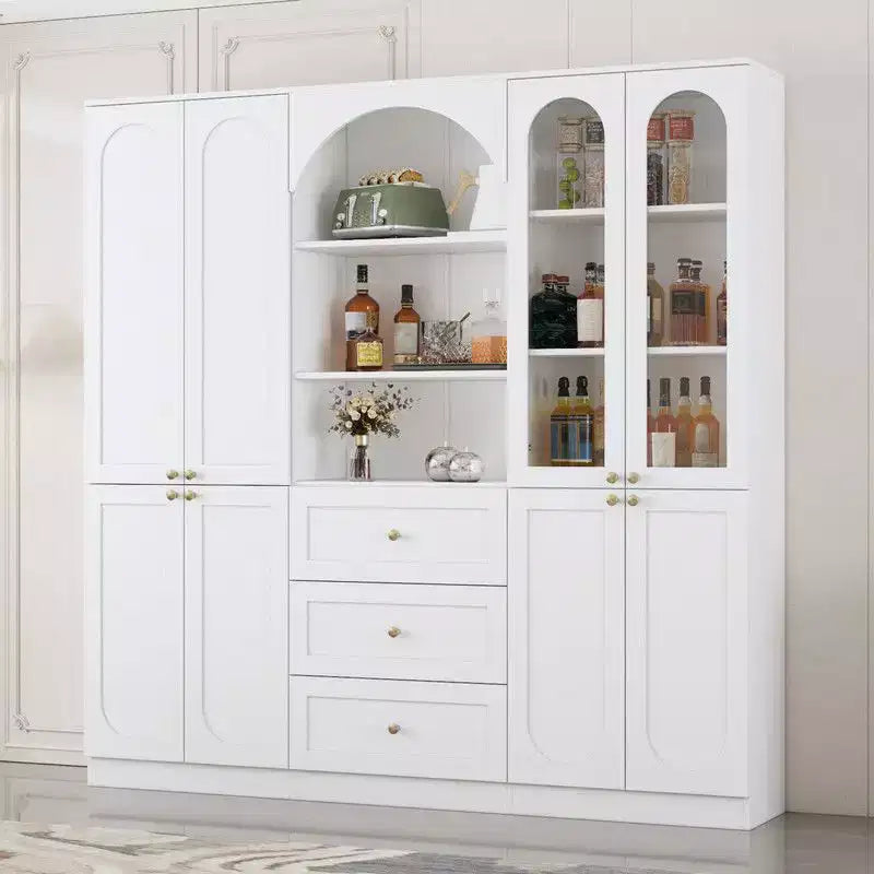 Dispensa da cucina Famapy bianca stile rustico con arco e ante in vetro, armadio contenitore da cucina di grande capacità, mobile da cucina multi-cassetto, vetrina