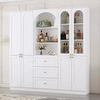 Dispensa da cucina Famapy bianca stile rustico con arco e ante in vetro, armadio contenitore da cucina di grande capacità, mobile da cucina multi-cassetto, vetrina
