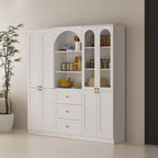 Dispensa da cucina Famapy bianca stile rustico con arco e ante in vetro, armadio contenitore da cucina di grande capacità, mobile da cucina multi-cassetto, vetrina