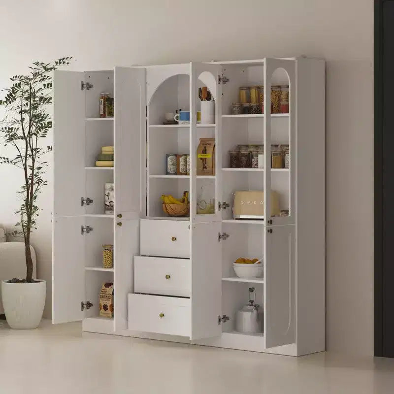 Dispensa da cucina Famapy bianca stile rustico con arco e ante in vetro, armadio contenitore da cucina di grande capacità, mobile da cucina multi-cassetto, vetrina