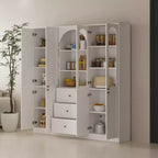 Dispensa da cucina Famapy bianca stile rustico con arco e ante in vetro, armadio contenitore da cucina di grande capacità, mobile da cucina multi-cassetto, vetrina