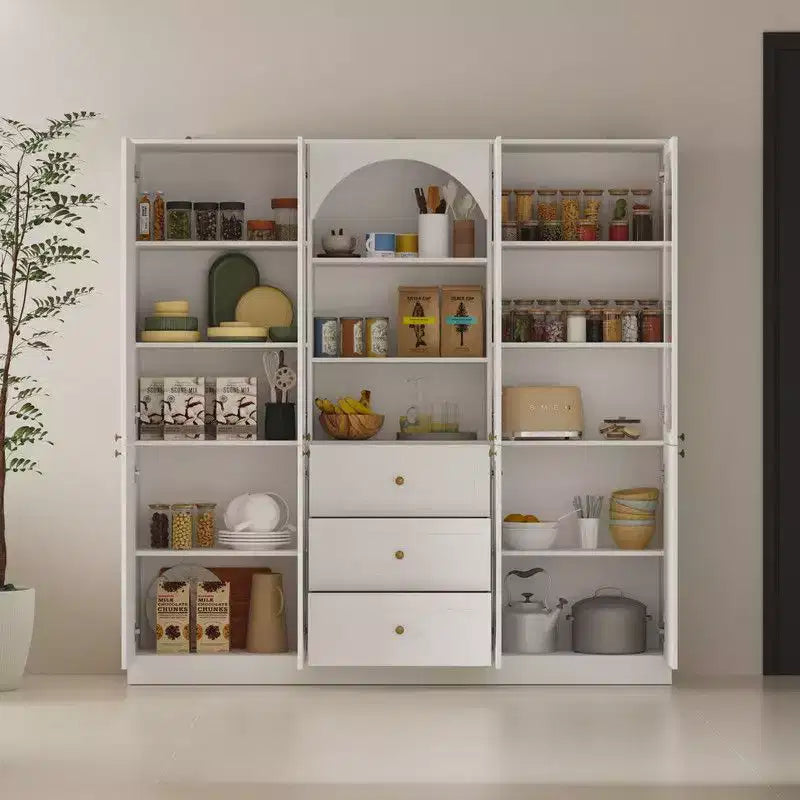 Dispensa da cucina Famapy bianca stile rustico con arco e ante in vetro, armadio contenitore da cucina di grande capacità, mobile da cucina multi-cassetto, vetrina