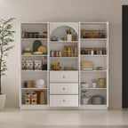 Dispensa da cucina Famapy bianca stile rustico con arco e ante in vetro, armadio contenitore da cucina di grande capacità, mobile da cucina multi-cassetto, vetrina