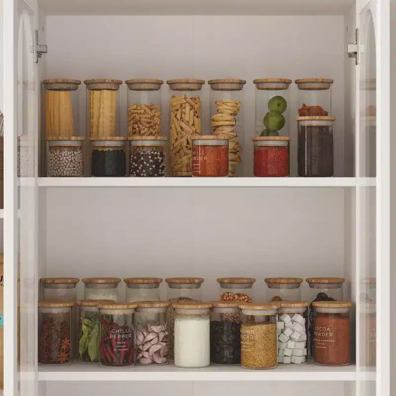 Dispensa da cucina Famapy bianca stile rustico con arco e ante in vetro, armadio contenitore da cucina di grande capacità, mobile da cucina multi-cassetto, vetrina