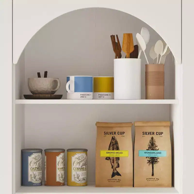 Dispensa da cucina Famapy bianca stile rustico con arco e ante in vetro, armadio contenitore da cucina di grande capacità, mobile da cucina multi-cassetto, vetrina