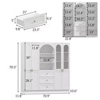 Dispensa da cucina Famapy bianca stile rustico con arco e ante in vetro, armadio contenitore da cucina di grande capacità, mobile da cucina multi-cassetto, vetrina